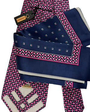 Zilli Silk Tie & Matching Pocket Square Set Dark Blue Pink
