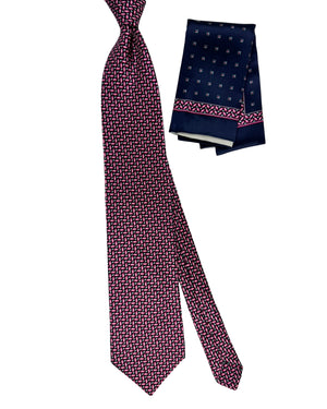 Zilli Silk Tie & Matching Pocket Square Set Dark Blue Pink