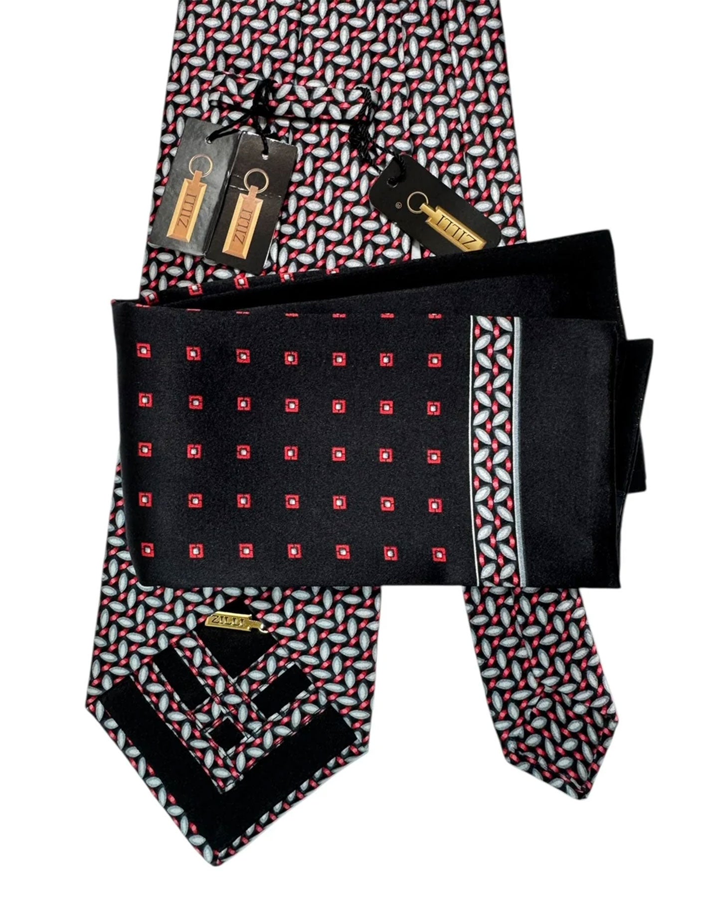Zilli Silk Tie & Matching Pocket Square Set Black And Red Leaf Lattice