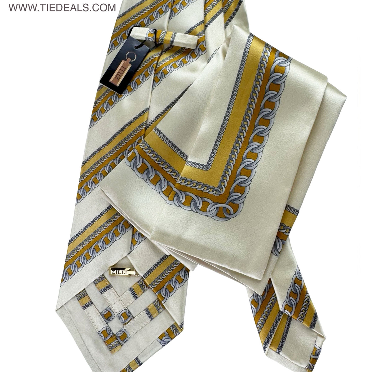 Zilli Tie & Matching Pocket Square Set Olive Gray Silver Chain Stripes