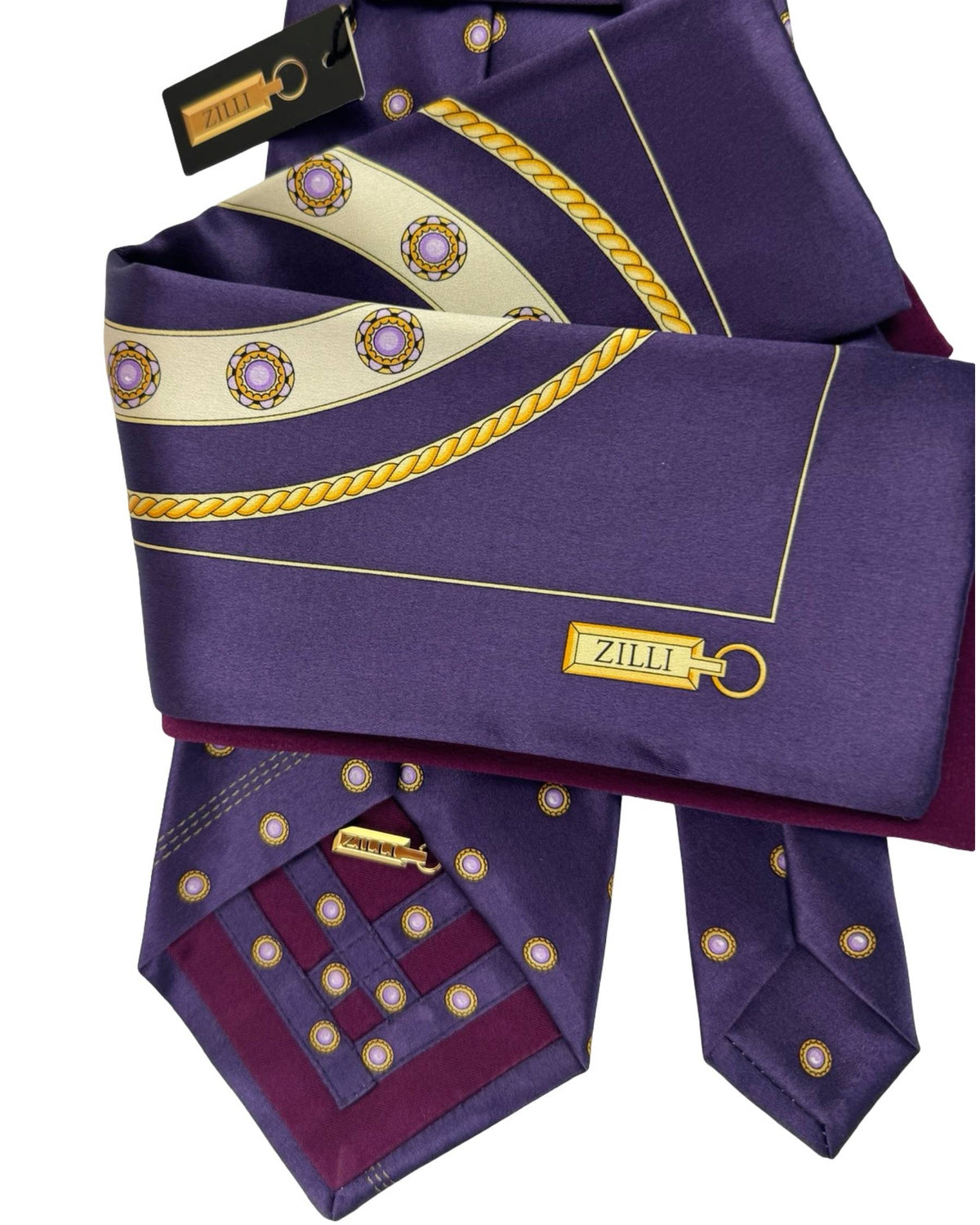 Zilli Silk Tie & Matching Pocket Square Set Aubergine Purple Gold SALE