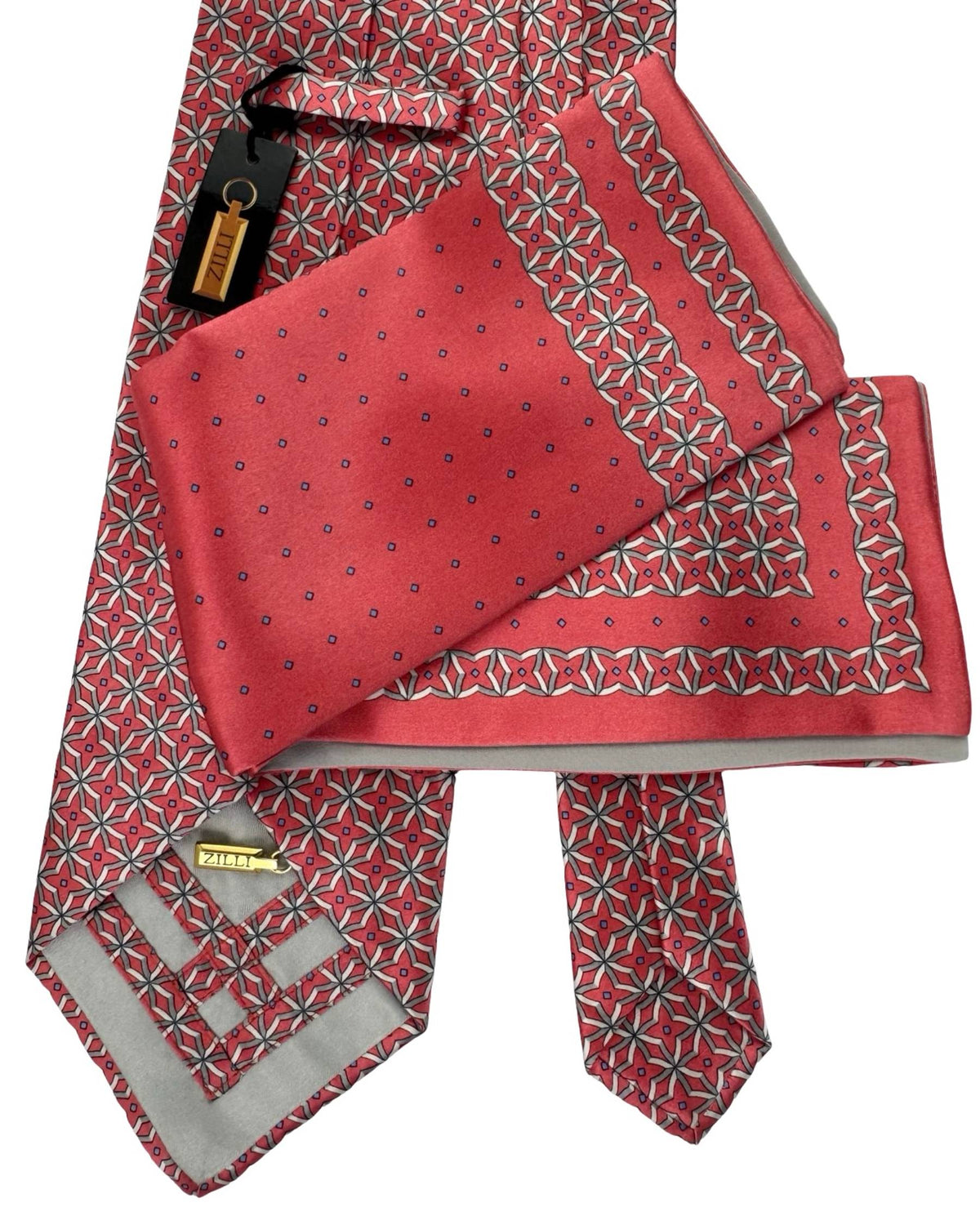 Zilli Silk Tie & Matching Pocket Square Set Pink Grey Star Design SALE