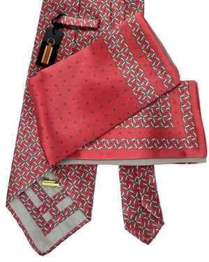 Zilli Silk Tie & Matching Pocket Square Set Pink Grey Star Design SALE