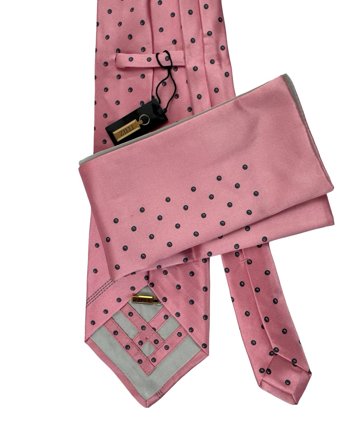 Zilli Silk Tie & Matching Pocket Square Set Pink Gray Dots