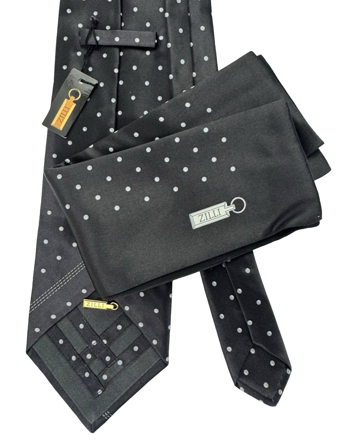 Zilli Silk Tie & Matching Pocket Square Set Black Gray Dots