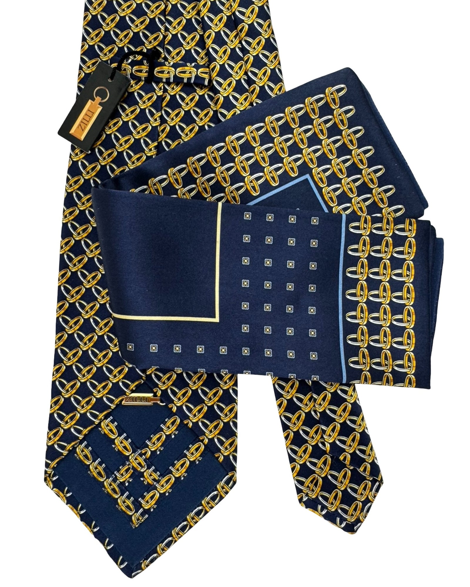 Zilli Silk Tie & Matching Pocket Square Set Midnight Blue Gold Interlocking Rings