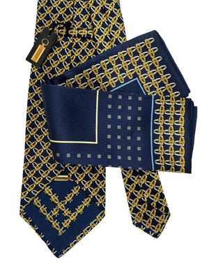 Zilli Silk Tie & Matching Pocket Square Set Midnight Blue Gold Interlocking Rings