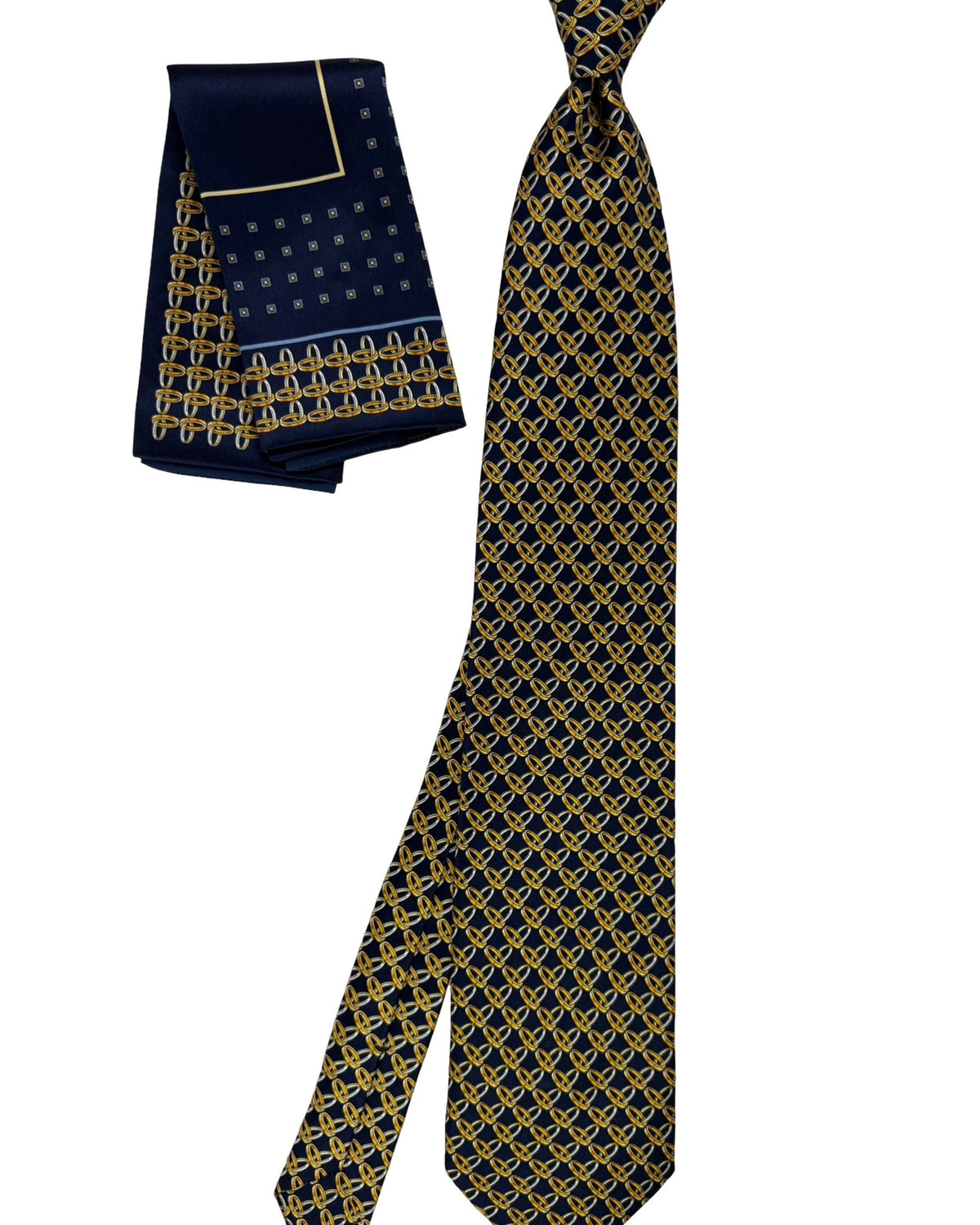 Zilli Silk Tie & Matching Pocket Square Set Midnight Blue Gold Interlocking Rings