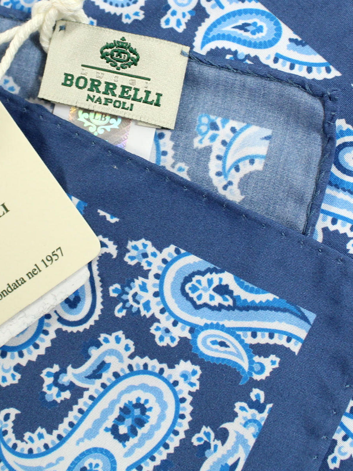 Luigi Borrelli Cotton Pocket Square Navy Blue Paisley
