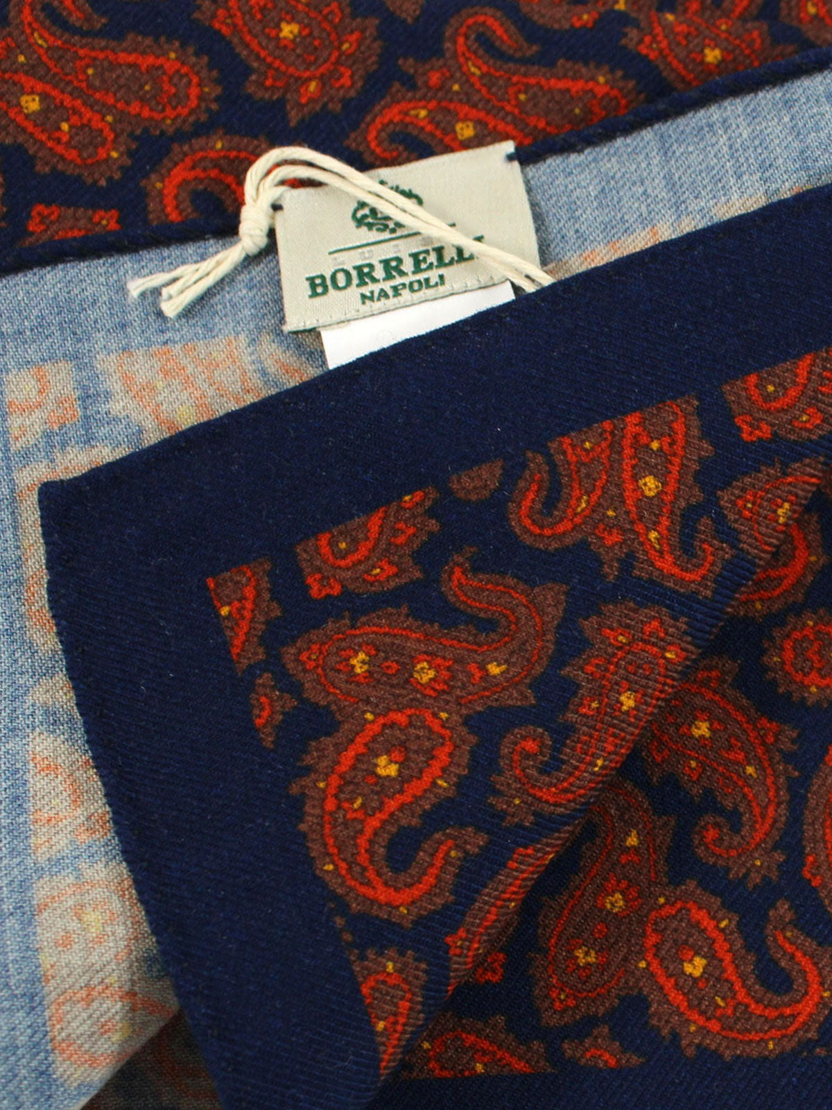 Luigi Borrelli Wool Pocket Square Dark Blue Brown Paisley Design