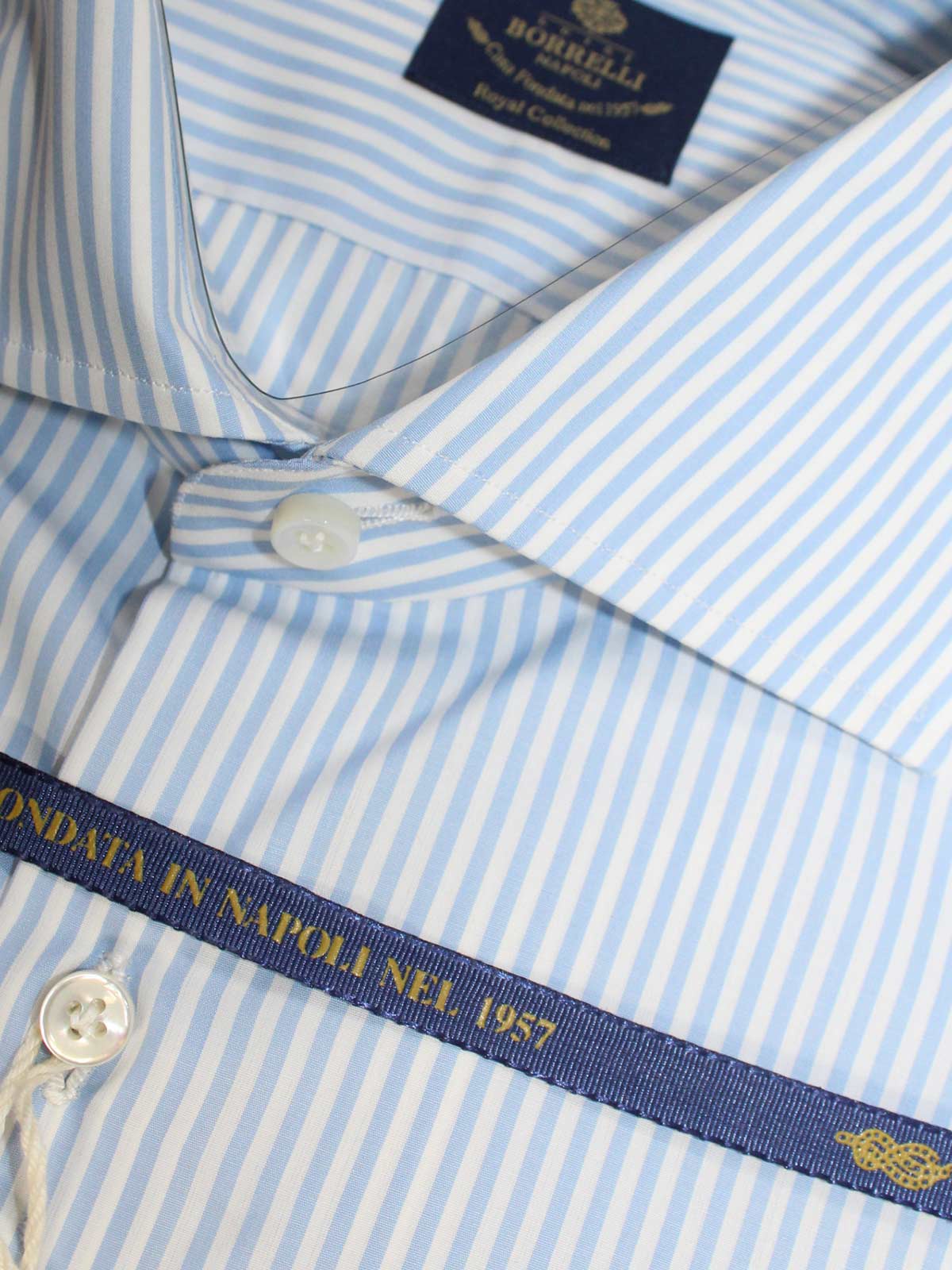 Luigi Borrelli Dress Shirt White Blue Stripes 38 - 15 ROYAL COLLECTION