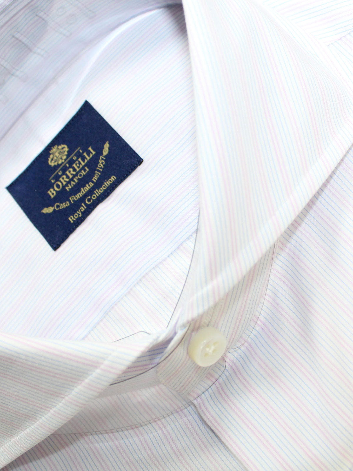 Luigi Borrelli Dress Shirt ROYAL COLLECTION Light Pink Blue Thin Stripes 38 - 15