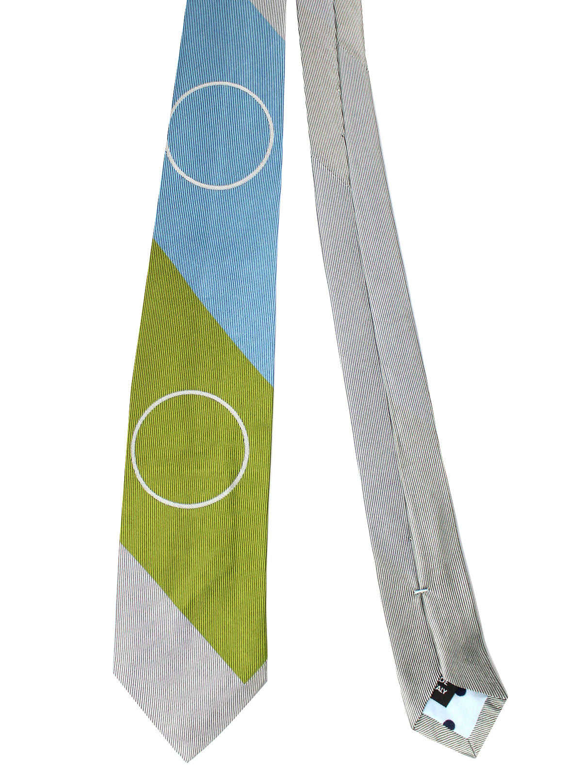 Gene Meyer Silk Tie Blue Gray Olive Geometric Stripes Design