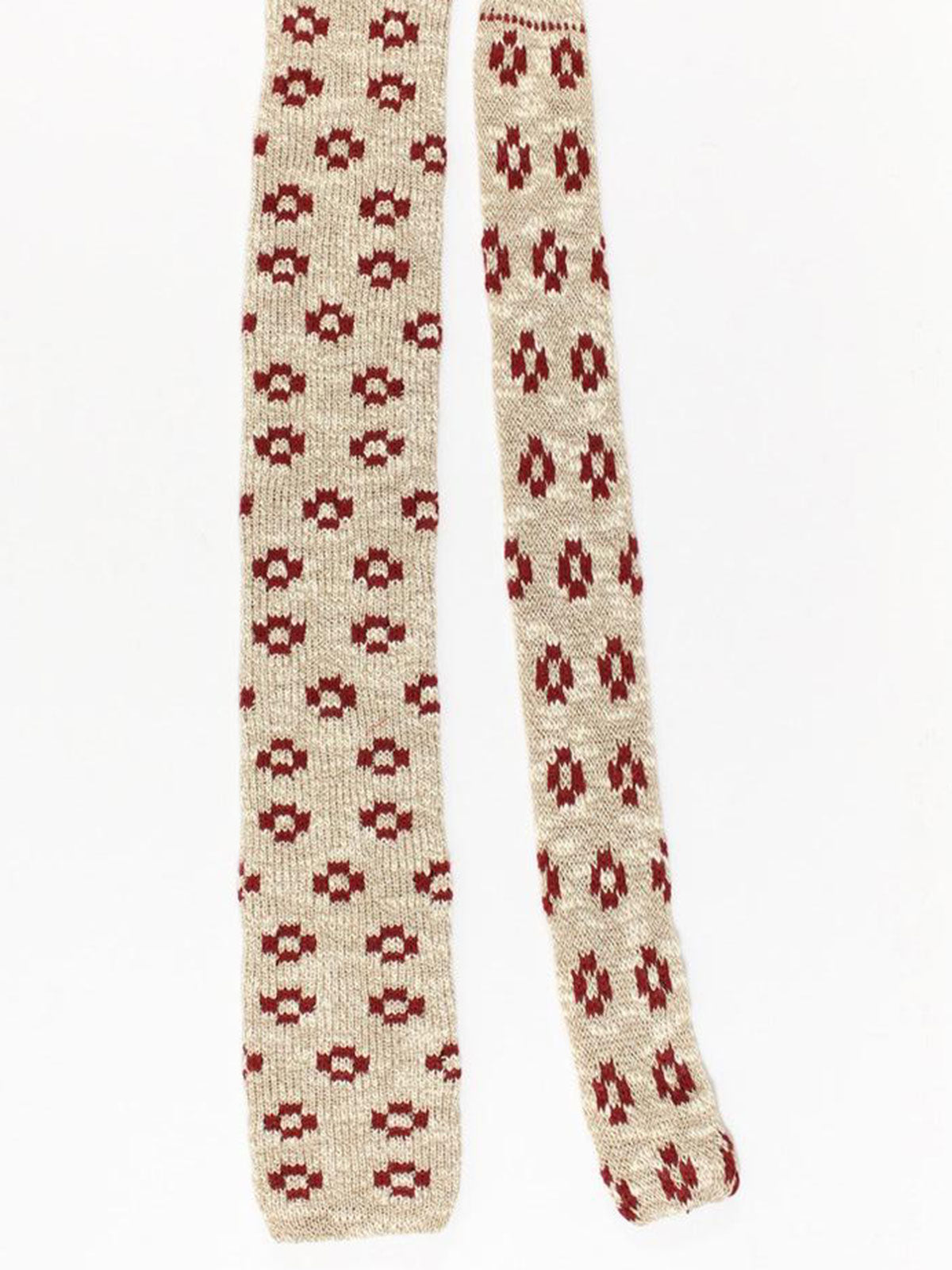 Isaia Square End Knitted Tie Cream Maroon Knit