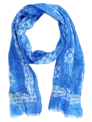 New Kiton Linen Scarf Royal Blue Floral 