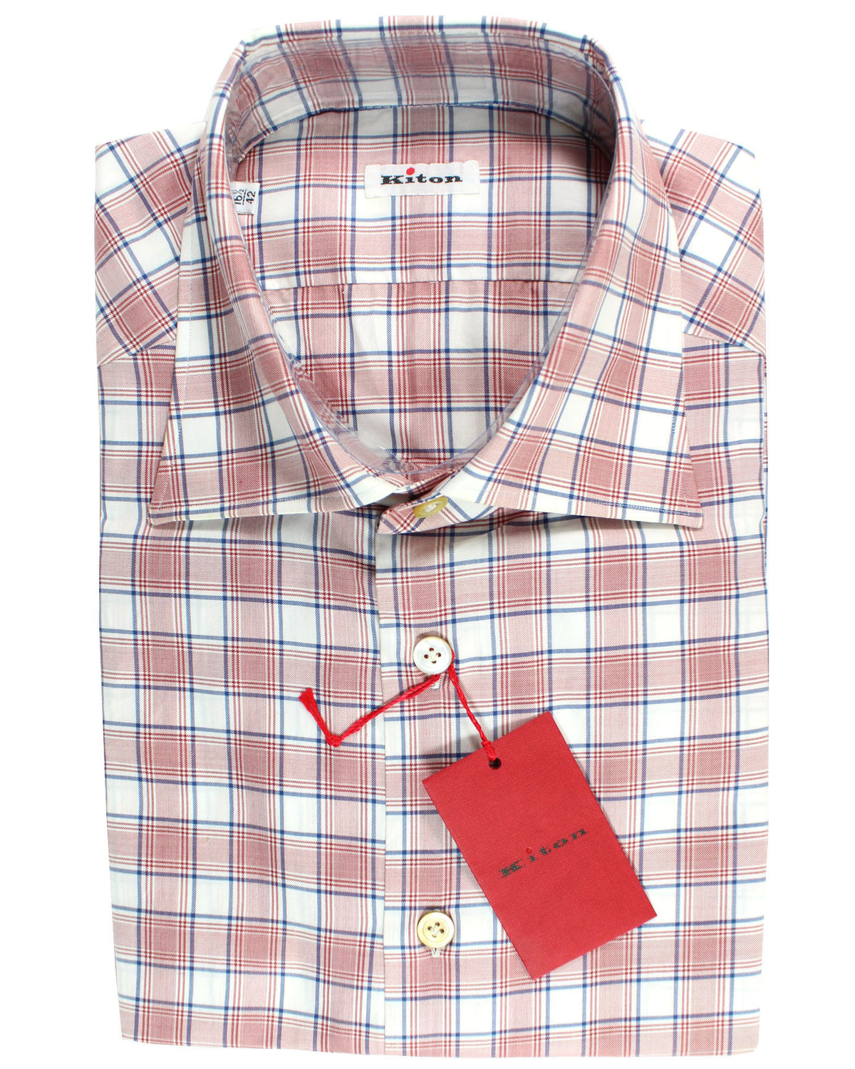 Kiton Shirt White Burgundy Navy Plaid 42 - 16 1//5