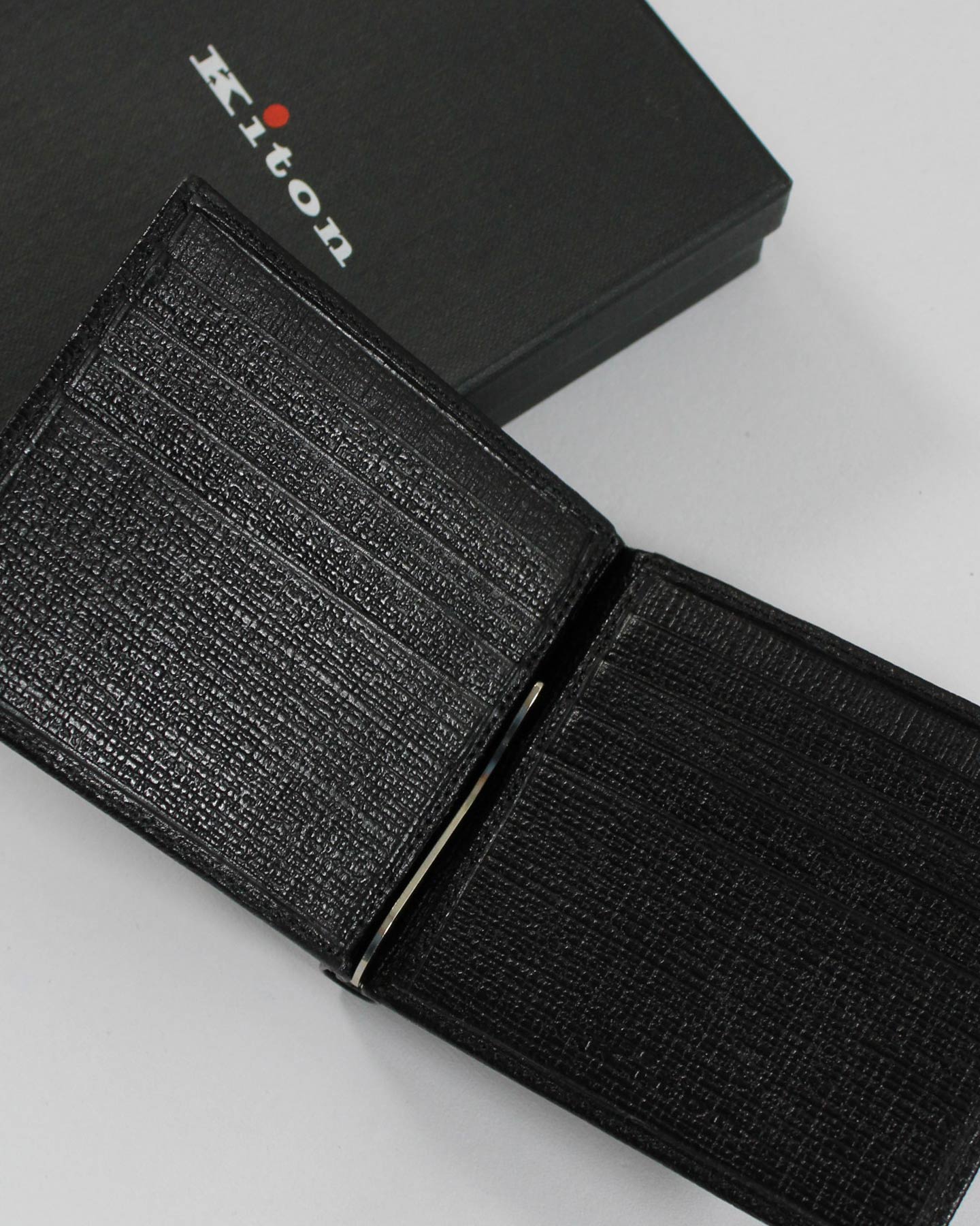 Kiton Men Wallet Black Grain Leather - Bifold With Money Clip SALE