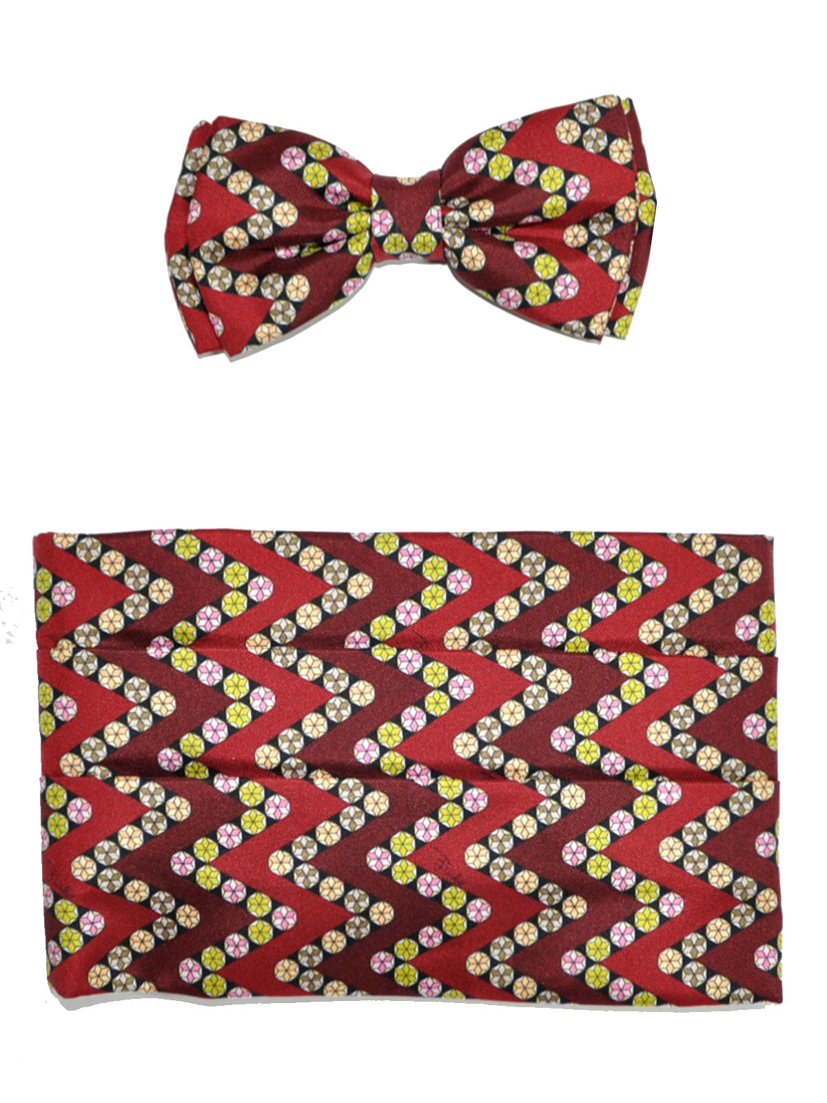 Emilio Pucci Cummerbund  Bow Tie Set Maroon Herringbone Pink Lime